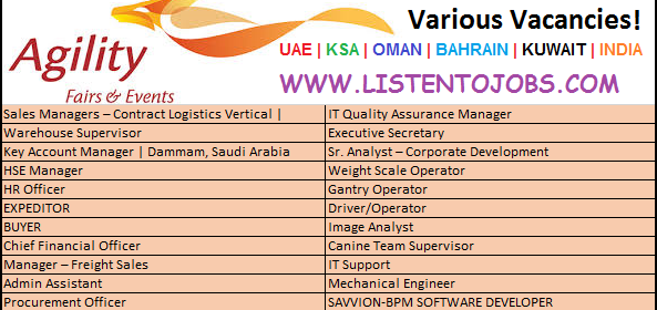 Huge Job Vacancies in AGILITY @Dubai,UAE,Oman,Saudi Arabia ,Kuwait