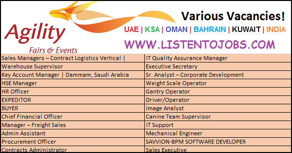 Huge Job Vacancies in AGILITY @Dubai,UAE,Oman,Saudi Arabia ,Kuwait