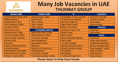 Huge Job Vacancies in Thumbay Group @Dubai,UAE
