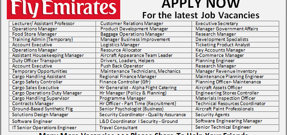 Latest Job Vacancies in Emirates Group Airport| Any Graduate/ Any Degree / Diploma / ITI |Btech | MBA | +2 | Post Graduates | Dubai-UAE