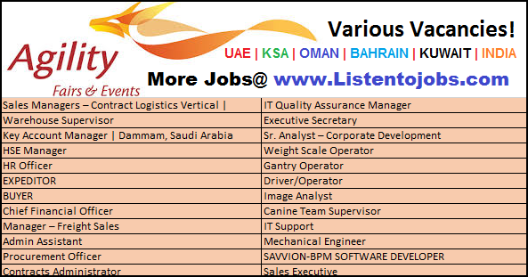 Latest  Job Vacancies in Agility | Any Graduate/ Any Degree / Diploma / ITI |Btech | MBA | +2 | Post Graduates | UAE-Oman-Dubai-Saudi Arabia-Kuwait
