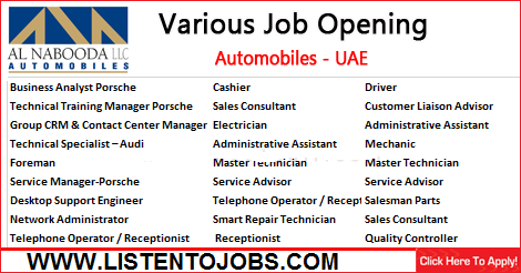 1000+ Huge Job Vacancies in Al Nabooda Automobiles 2019| Any Graduate/ Any Degree / Diploma / ITI |Btech | MBA | +2 | Post Graduates | UAE