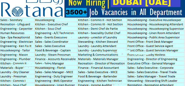 Huge Job Vacancies in Rotana Hotel Group @Dubai-UAE