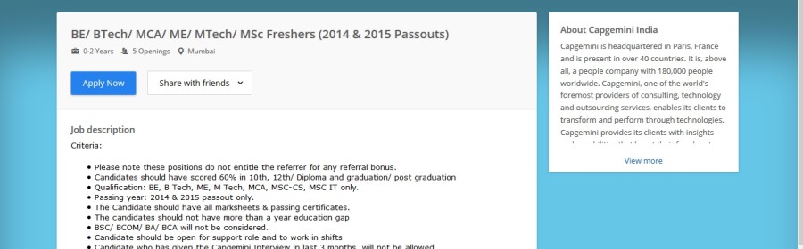 Capgemini Direct Applying link for 2014 & 2015 batch