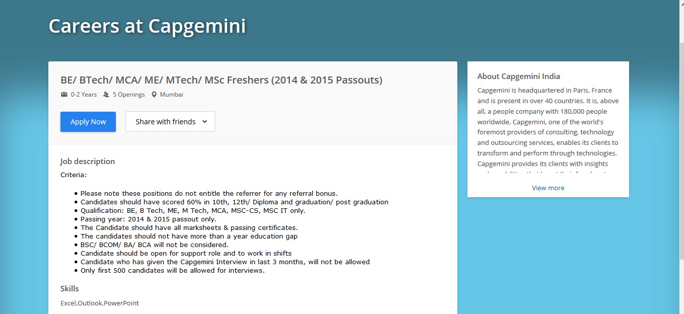 Capgemini Direct Applying link for 2014 & 2015 batch