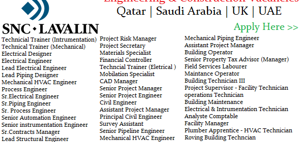 Huge Latest Construction and Engineering job Vacancies in SNC-Lavalin@Dubai,Abu Dhabi,Saudi Arabia,UAE