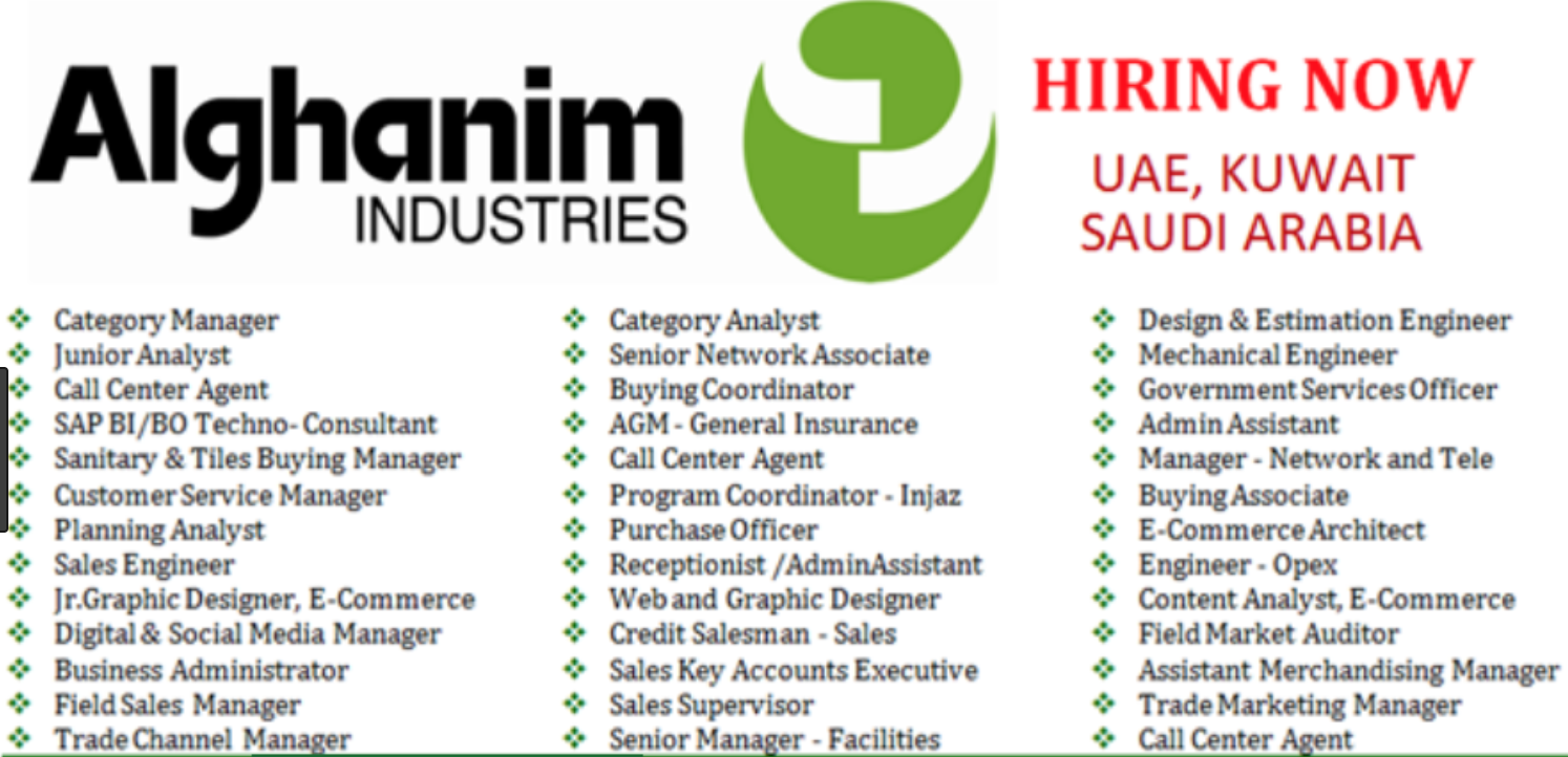 Latest Job Vacancies in Alghanim Industries | Any Graduate/ Any Degree / Diploma / ITI |Btech | MBA | +2 | Post Graduates | Kuwait,UAE | GOOD SALARY | ACCOMMODATION | MEDICAL | INSURANCE