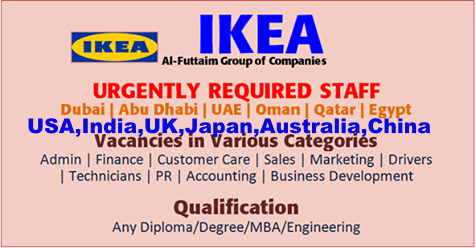 Latest Job Vacancies in IKEA| Any Graduate/ Any Degree / Diploma / ITI |Btech | MBA | +2 | Post Graduates | Dubai,Qatar,Abu Dhabi,Egypt,USA,UK,India,Australia ,Japan,China